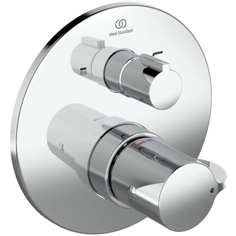 Thermostat von Ideal Standard mit verchromter Oberfläche und zwei Steuergriffen zur Temperatur- und Wassermengenregelung, montiert auf einer runden Wandplatte.